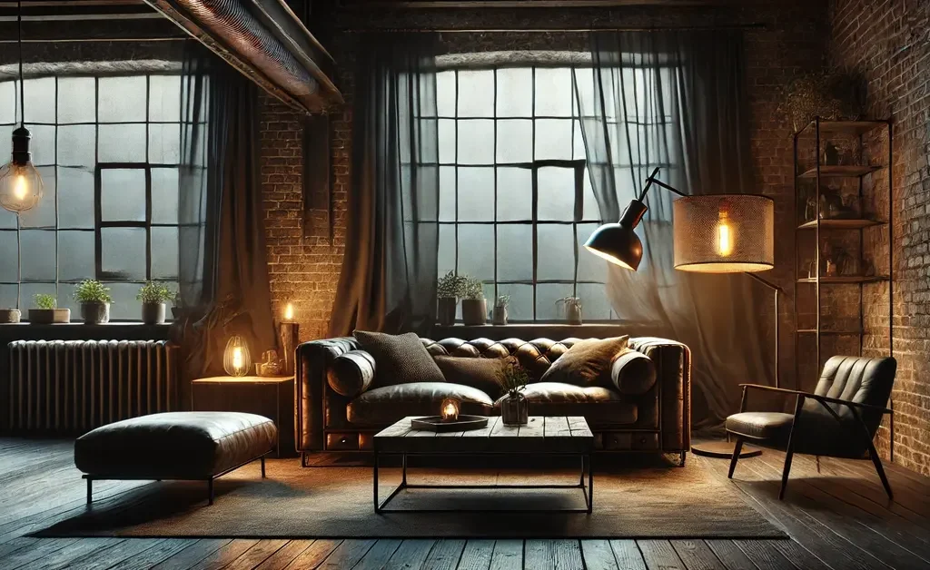 a night view of an industrial living room. Edison bulbs, floor lamps, and hanging lights are lit.