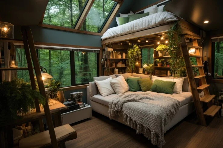 a wooden ladder in forest-themed bedroom. lots of lightening in room. 