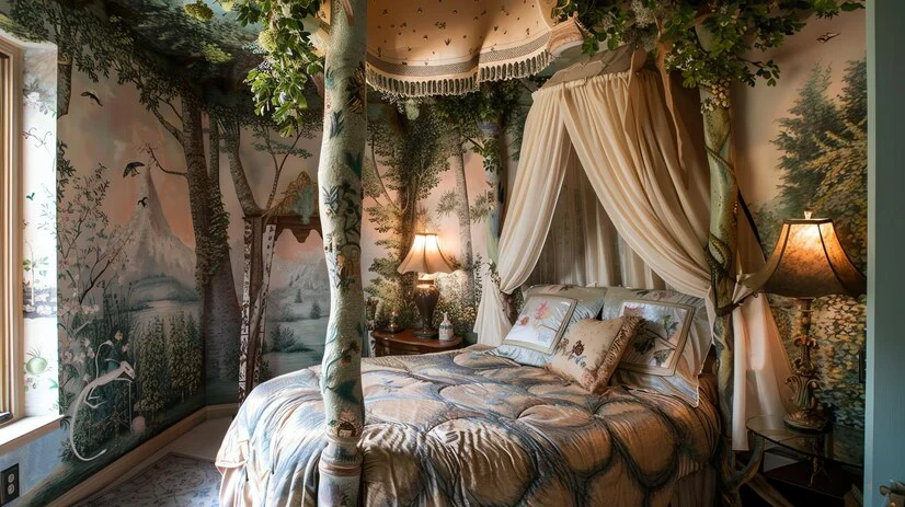 A forest-themed mural on the wall, matching with bedding.