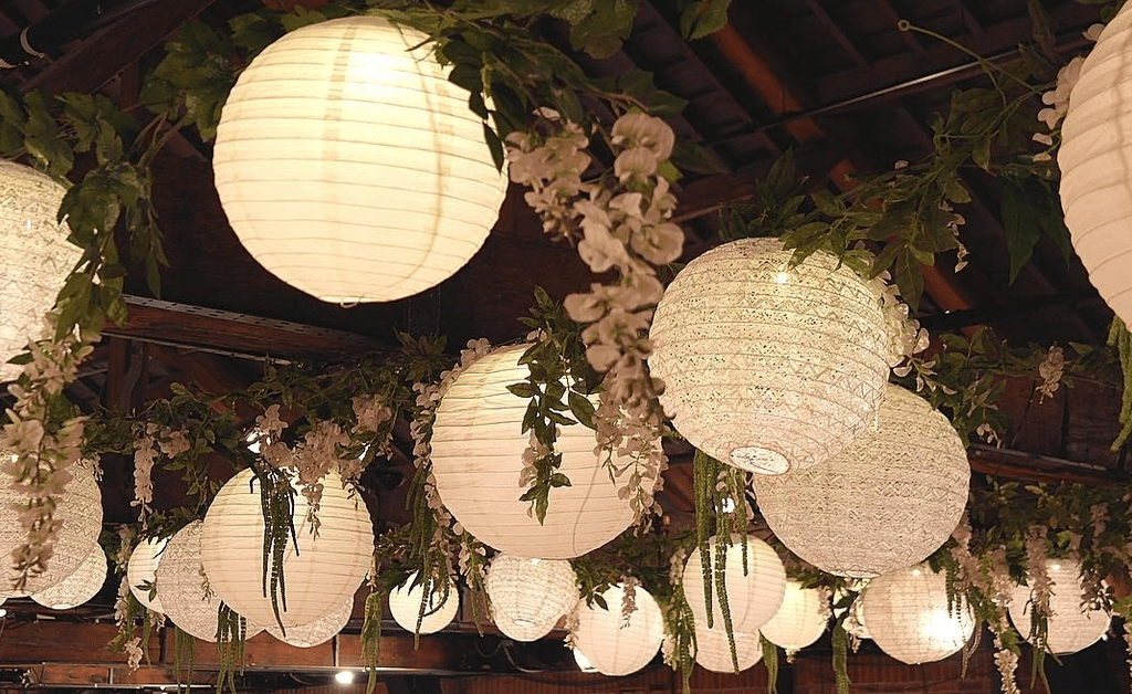 white paper lanterns alll lighten up outside japanese-style living room.