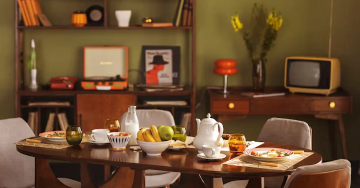 vintage style open dinning room in 1970s kitchen.