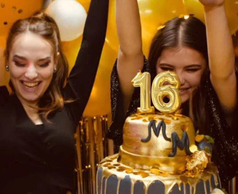 two girls in black dresses celebrating 16th birthday.