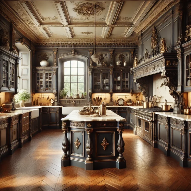 A kitchen based on Victorian kitchen ideas. with scullery, vintage look and ornate cabinets.