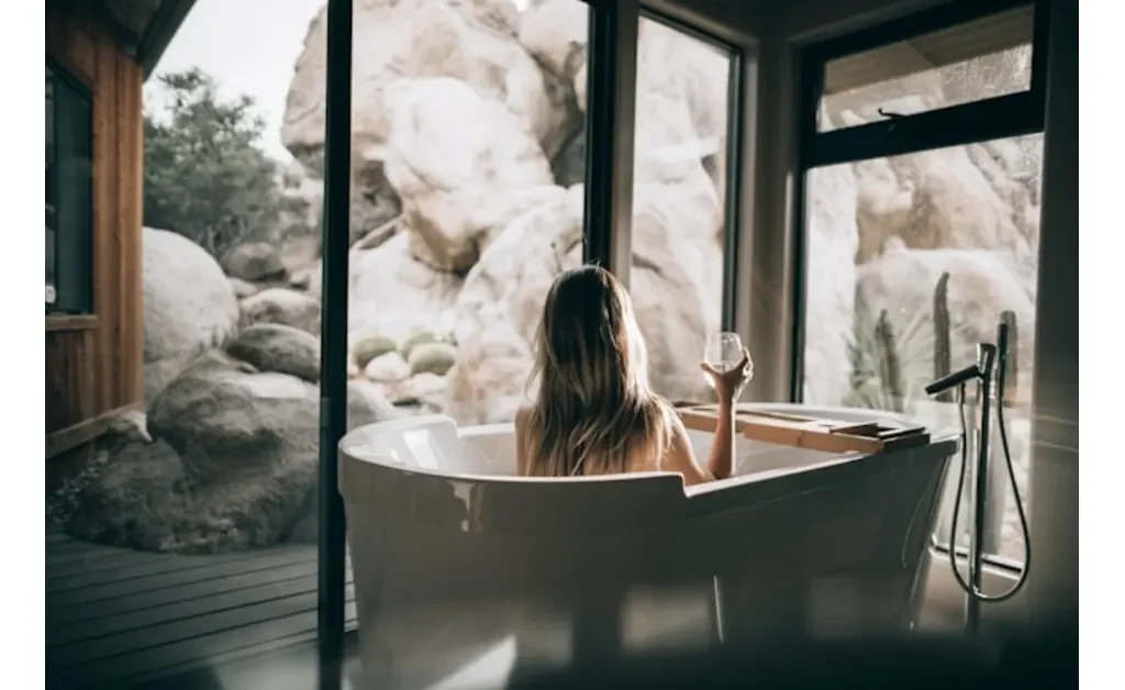 A true Zen atmosphere in japandi bathroom. stones around the open and free standing bath tub,