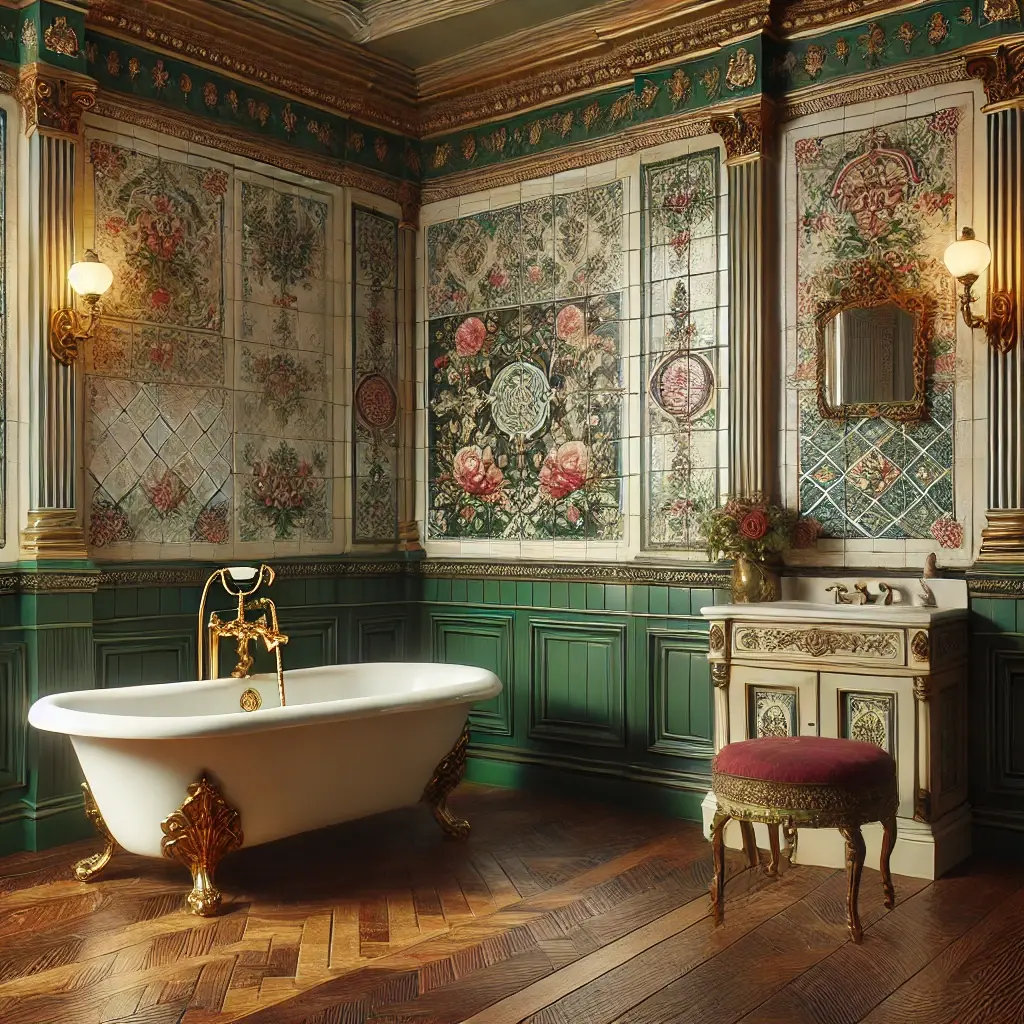 burgendy and emerlad green wall patterened victorian bathroom design ideas.