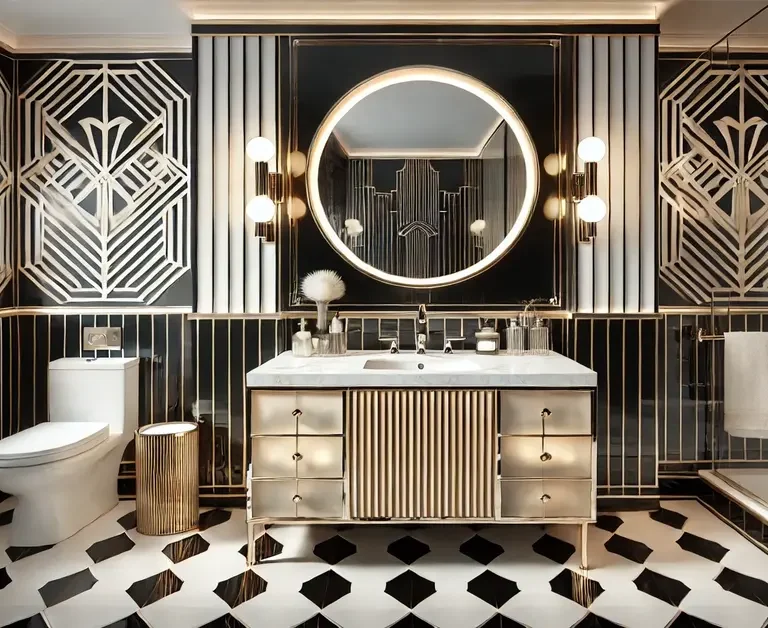 a large round mirror in placed above the golden and white vanity. black and white geometric pattern flooring and all accessories in art deco bathroom.