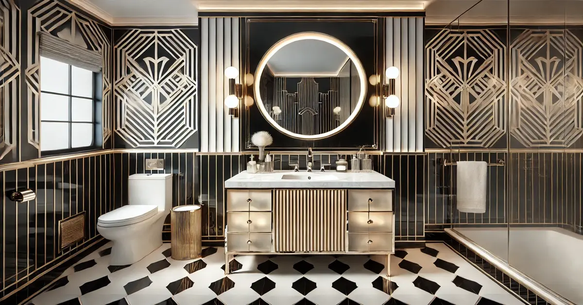 a large round mirror in placed above the golden and white vanity. black and white geometric pattern flooring and all accessories in art deco bathroom.