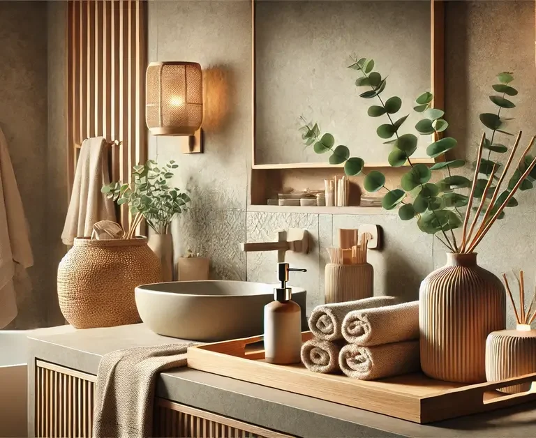 a stylish bathroom counter decor having nicely folded four towels on counter top, a vase with green leaves, a wall mounted small globe and two towels hanging on the leftof walls in stand.