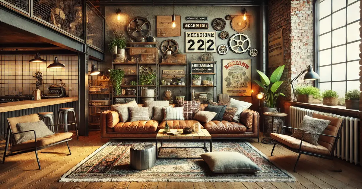 a well-lit industrial living room. Leather sofas, a rug on the floor, and a background wall with all the gear accessories are displayed on it.