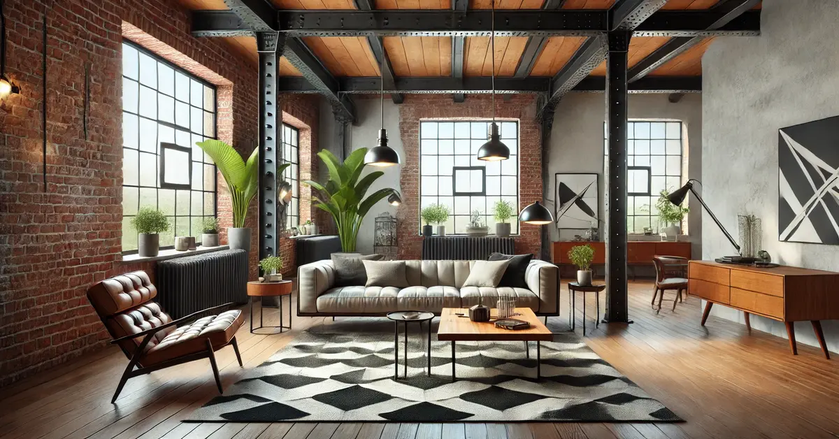 Black and white patterned rug on the floor with same pattern wall painting on right wall in a fusion industrial living room.