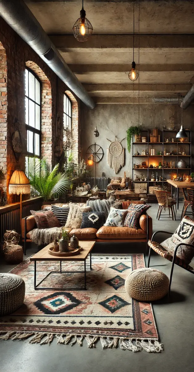 A boho styled-industrial living room, with all the matching accessories.