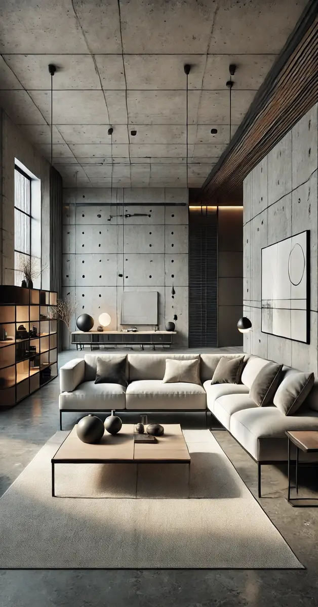 A spacious grey aindustrial living room, with sleek ad modern lines.