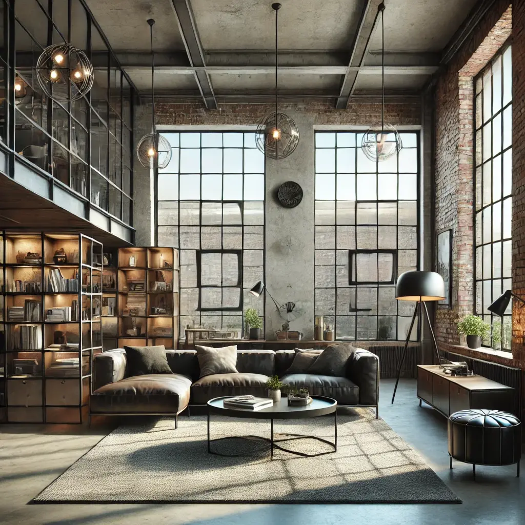 metal oversized bare windows, metal pipes shelves and sofas with cushions. a metal coffee table is also there.