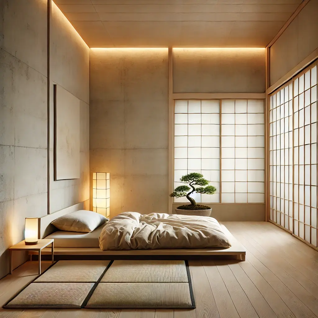 a simple and elegant japanese bedroom design. indoor plants , side lamps and shoji screens are there.