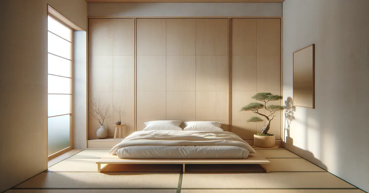 a low bed in the middle of the room. an in-door plant on the left side of bed.