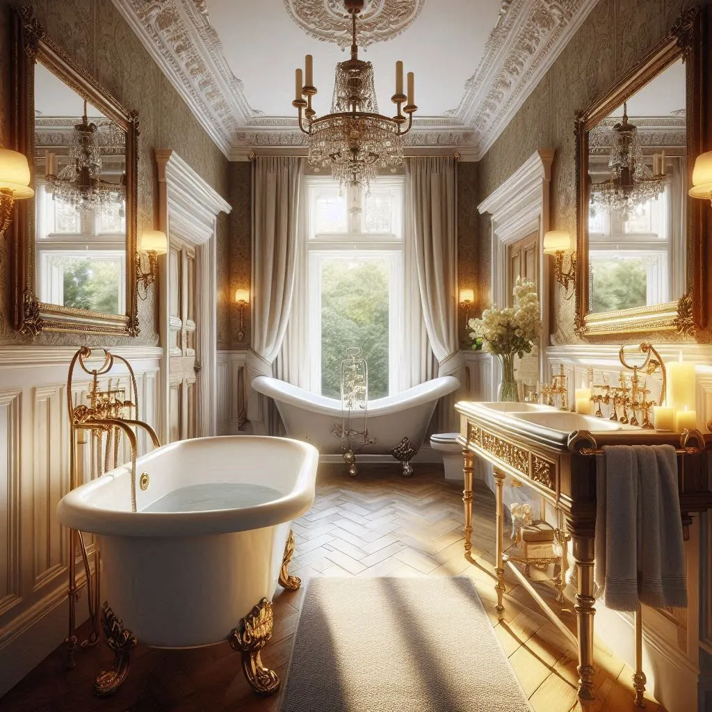 wooden flooring and white clawfoot tubs with brass fixtures in victorian bathroom. 