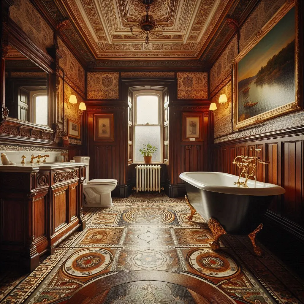 Victorian bathroom design ideas, with clawfoot bath, pattern flooring, and wood paneling.