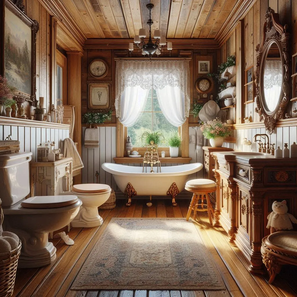 A naturally light filled victorian bathroom design ideas, with small stool brass basin and high tank toilet.