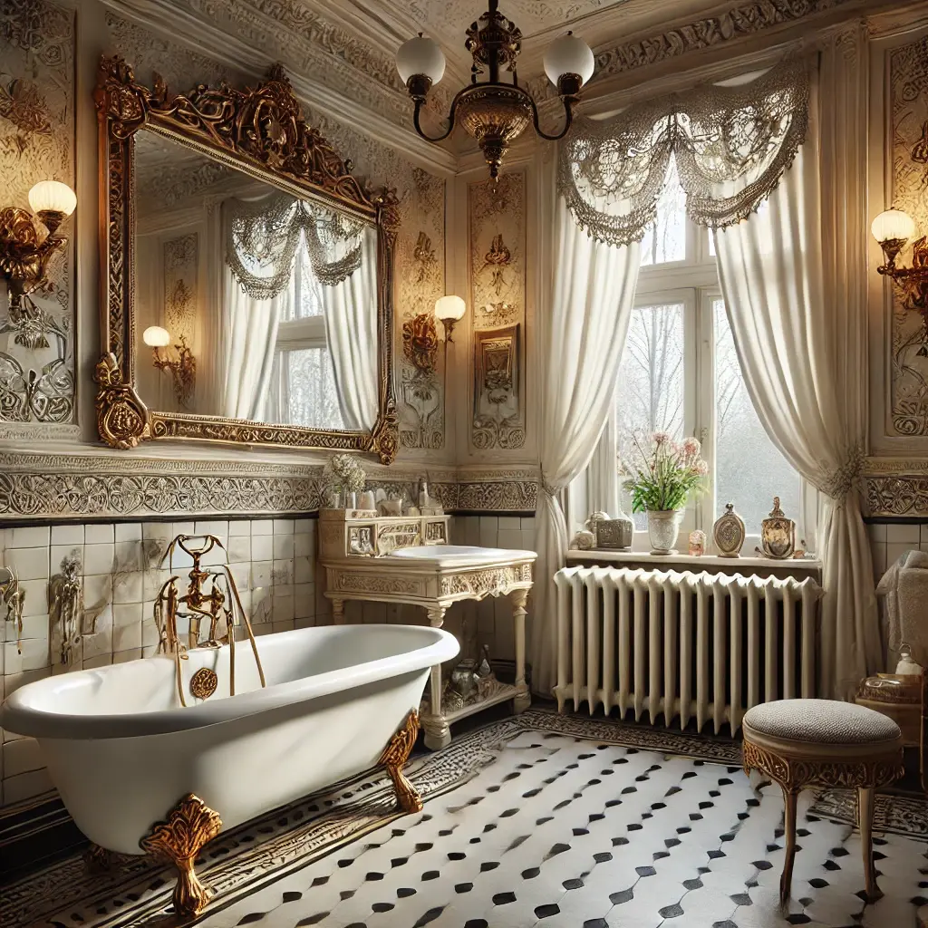 a white victorian bathroom. white clawfoot tubs, wall mounted mirror and all white accessories.