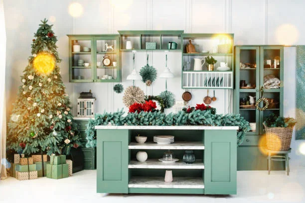 open shelves and cabin showing decor for christmas. christmass tree is arranged on the left side of main counter.