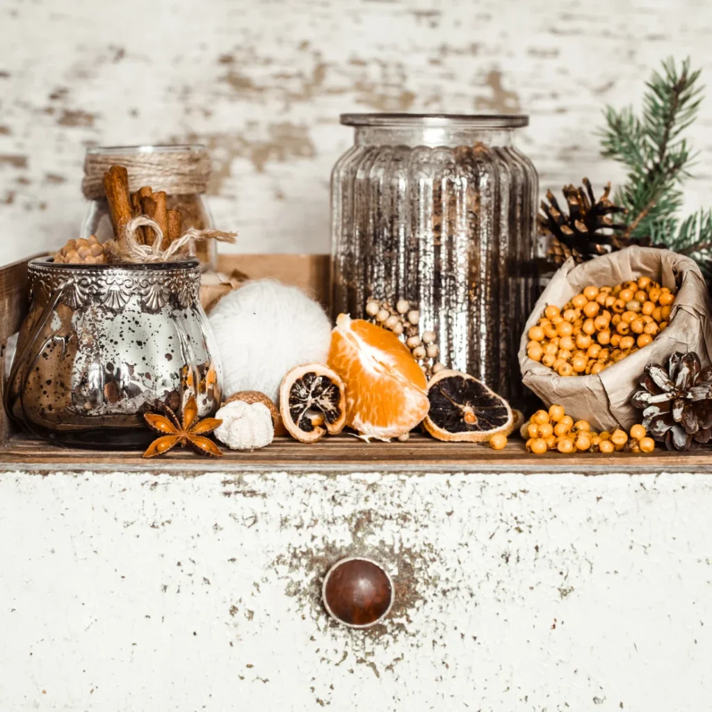 decorative vases to place over the kitchen cabinets. dried fruits are also placed.