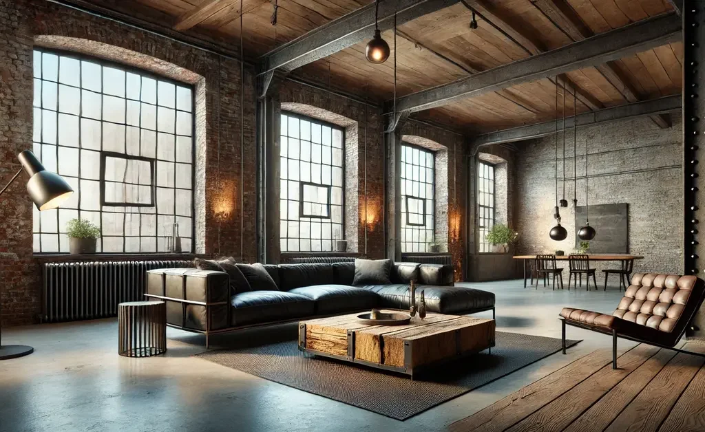 an industrial living room with exposed wooden beams, leather sofa, reclaimed wooden center table, and bare oversized windows.