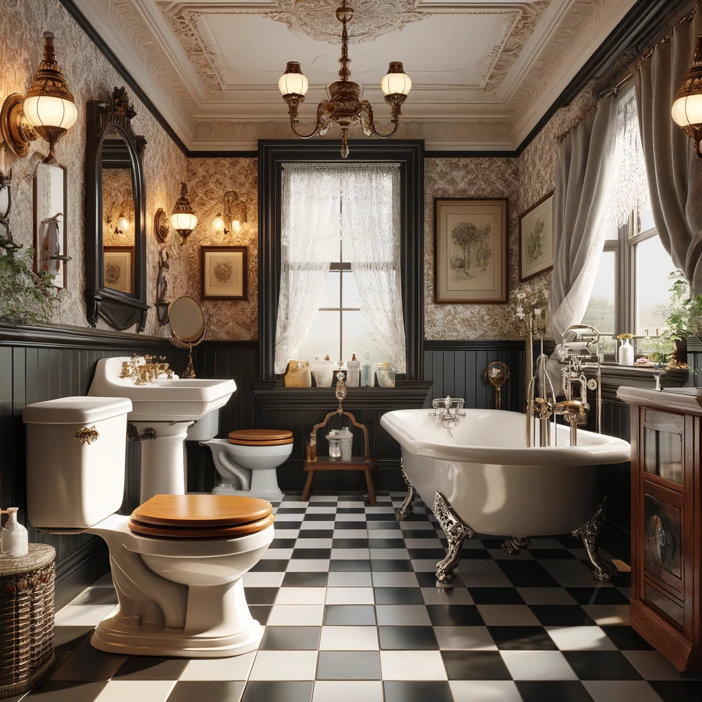 A spacious, realistic Victorian-style bathroom with elegant, classic details. The room includes a high-tank toilet with a pull chain, and a double sink. 
