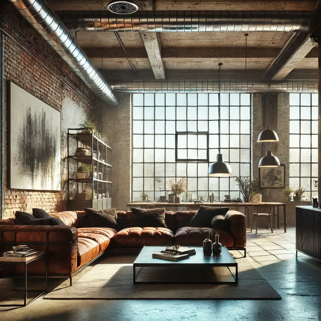 metal shelves with indoor plants is placed in the left corner. lights hanging from the roof. leather sofas with centre table in the middle of room.