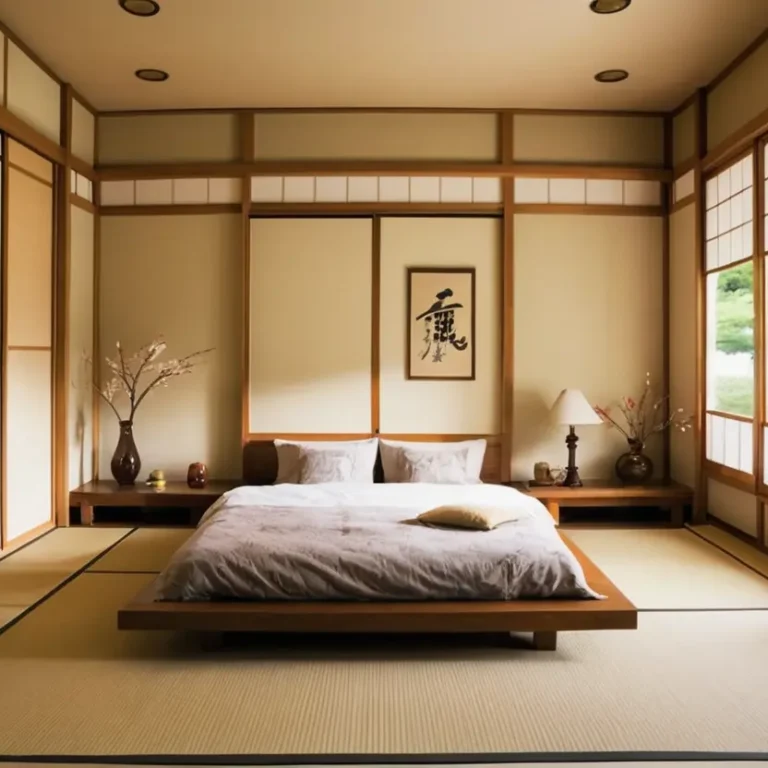 a low bed(futon0 in the middle of Japanese bedroom design, shoji screens with minimalist decore.