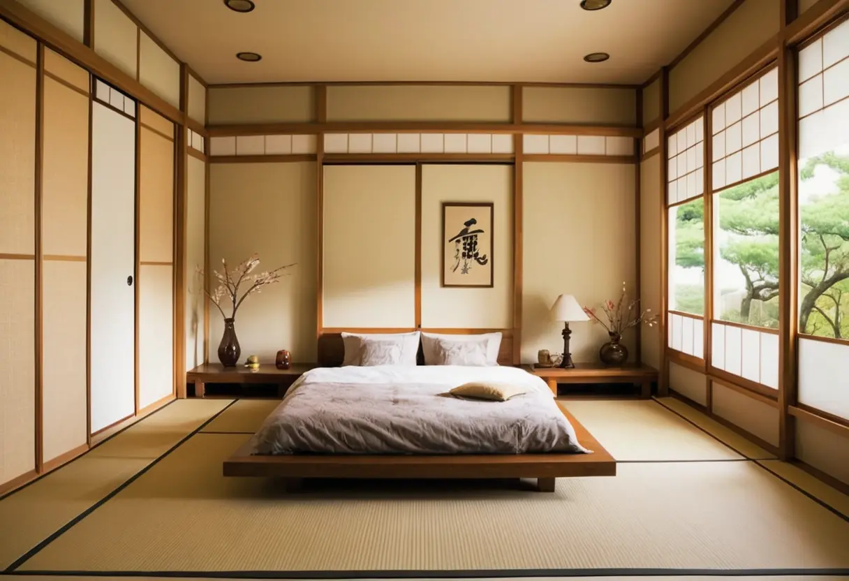 a low bed(futon0 in the middle of Japanese bedroom design, shoji screens with minimalist decore.