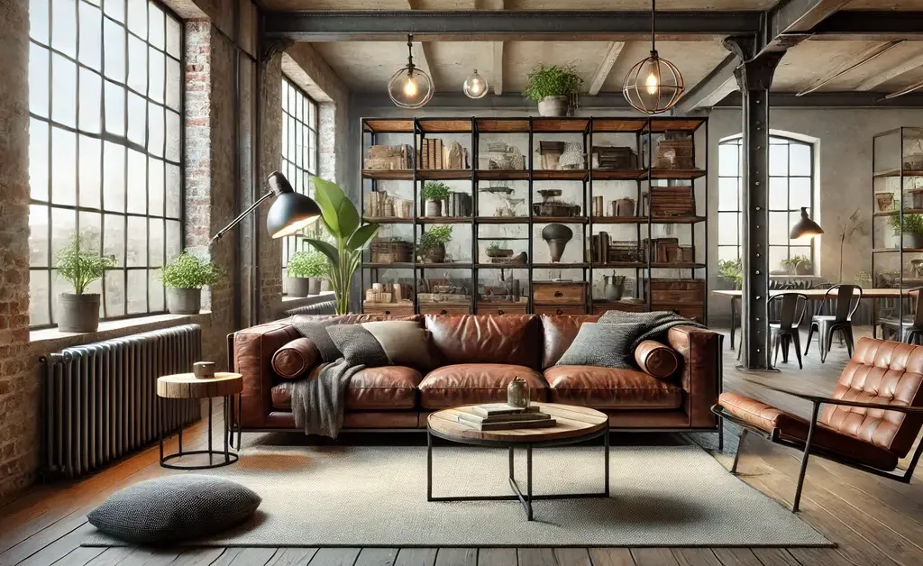 brown leather sof with cushions and throw.metal pipes shelves with accessories , books is in background. pendent lights hanging from roof