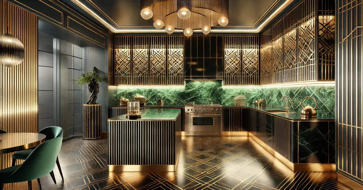 a sophisticated black and golden art deco kitchen. counter are black while green walls are also seen. a gas oven is fixed in the front.