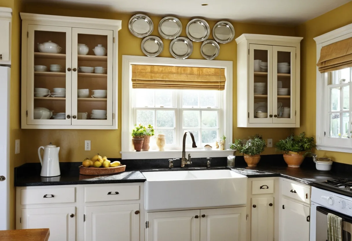 Mirrors are displayed over the kitchen wall as decoration. the wall is painted yellow.