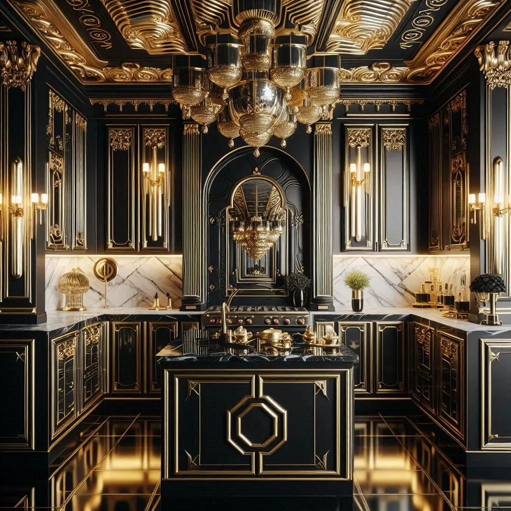 A vintage styled, jewel toned black and golden art deco kitchen with kitchen island.