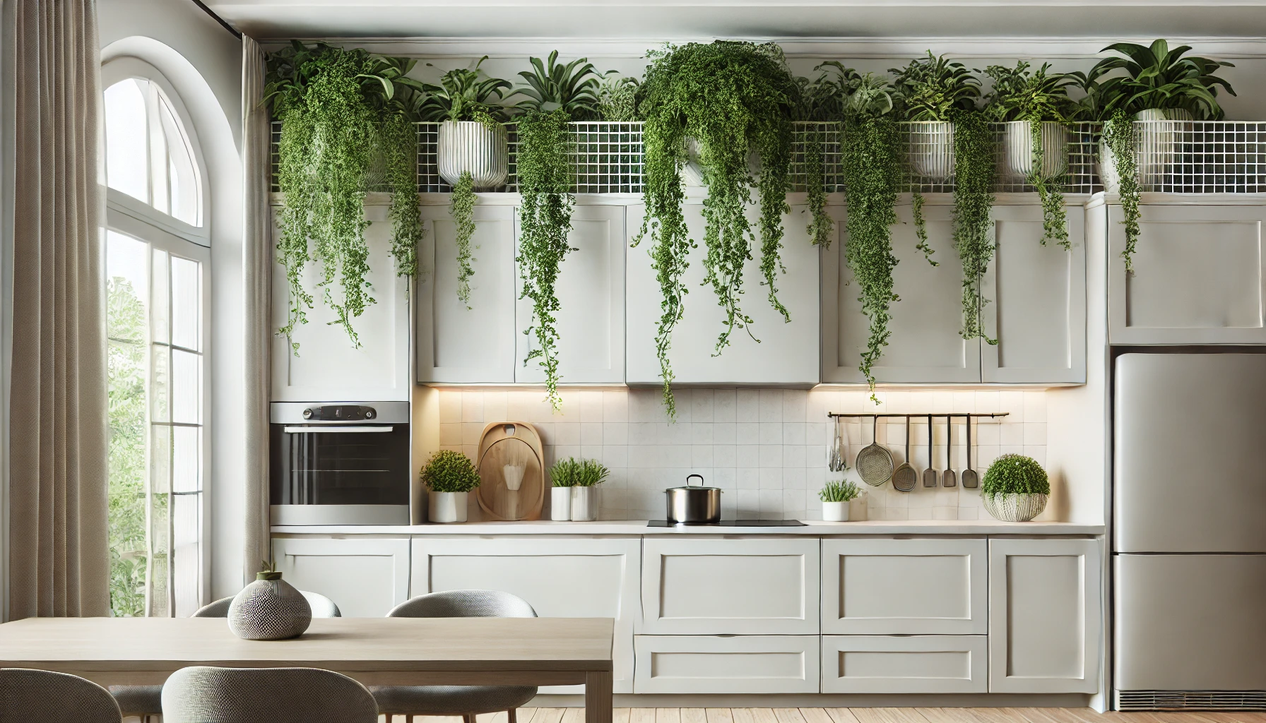 A realistic interior design of a modern kitchen featuring elegant decor ideas above the cabinets with trailing vines. The cabinets are sleek and minimal.
