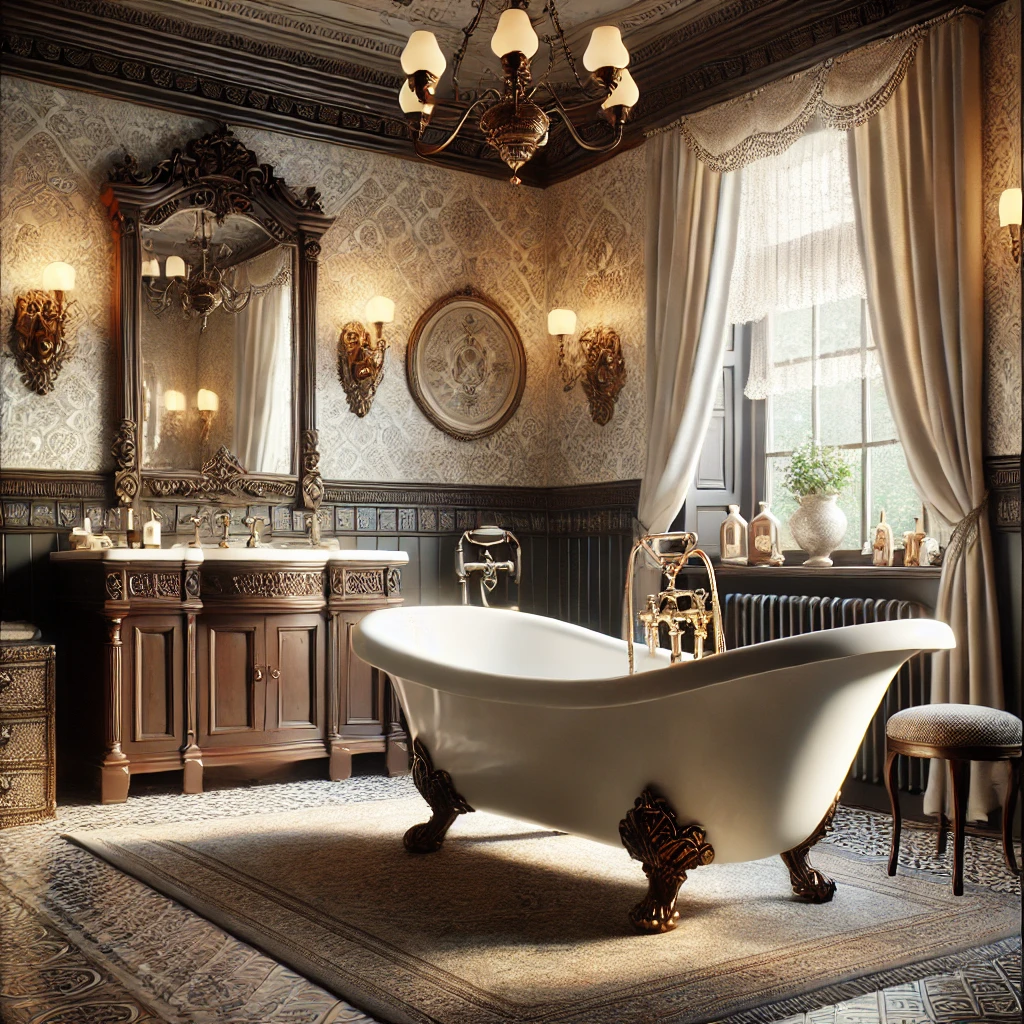 A realistic Victorian-style bathroom with classic details. The room features a clawfoot bathtub with elegant, curved legs, ornate wall-mounted mirrors. a roof hanging chandelier